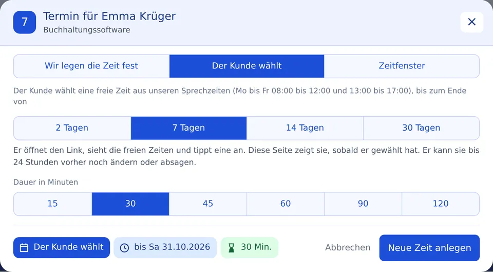 Termin anlegen: der Kunde wählt