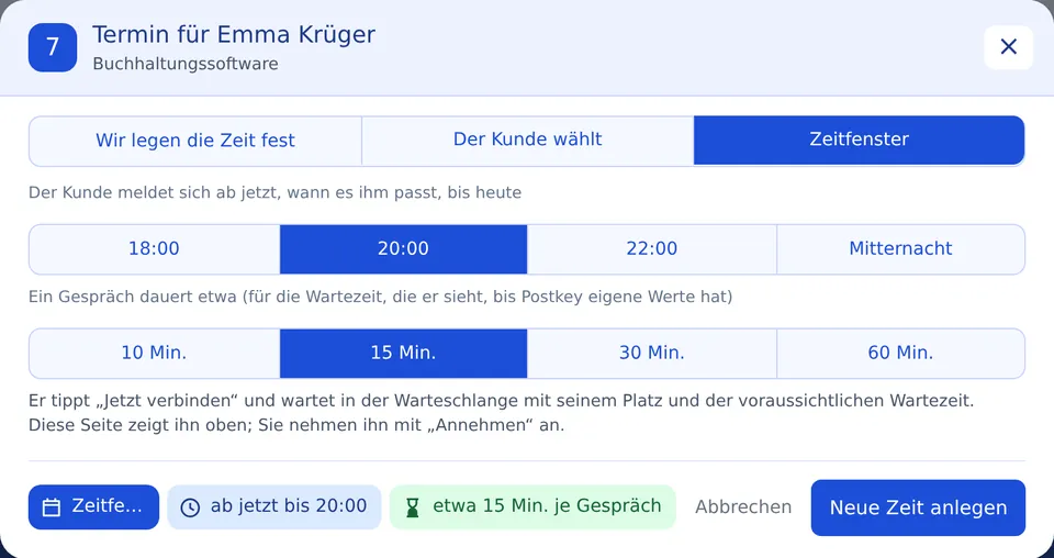 New appointment: time window with queue