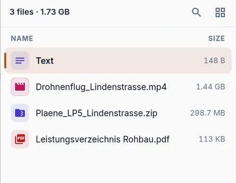 Drei Dateien, 1,73 GB: Drohnenvideo, Pläne und PDF