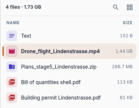 Four files, 1.73 GB: drone video, plans and PDFs