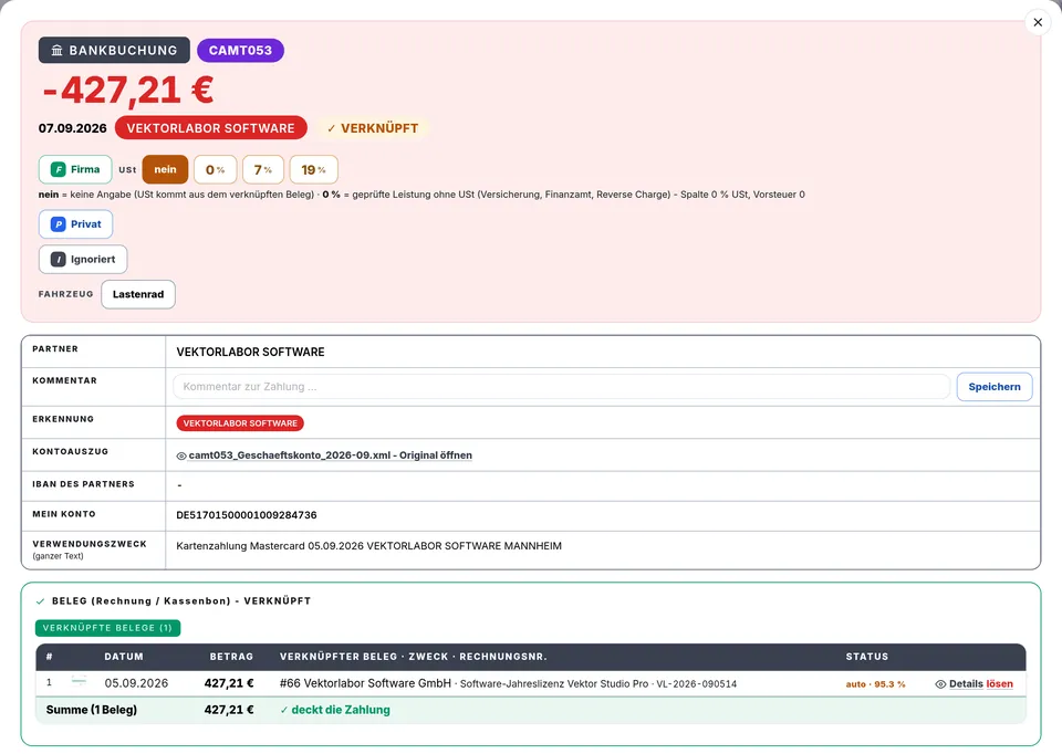 Bank payment with linked receipt