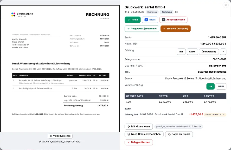 Receipt with preview and fields