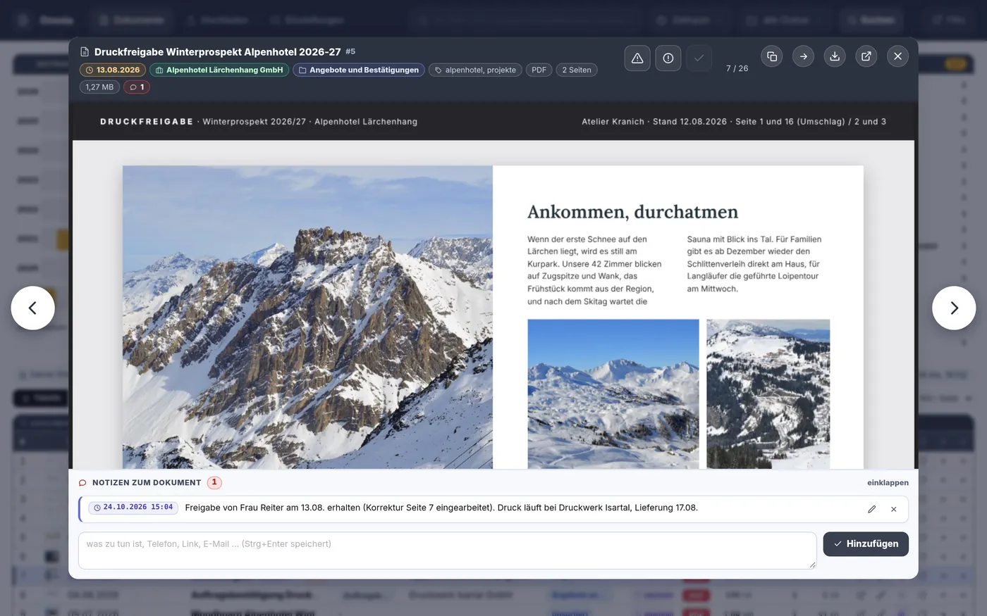 Document with a large preview and a note