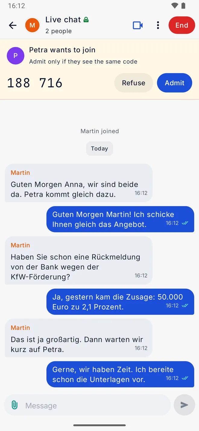 A client asks to join, with a code