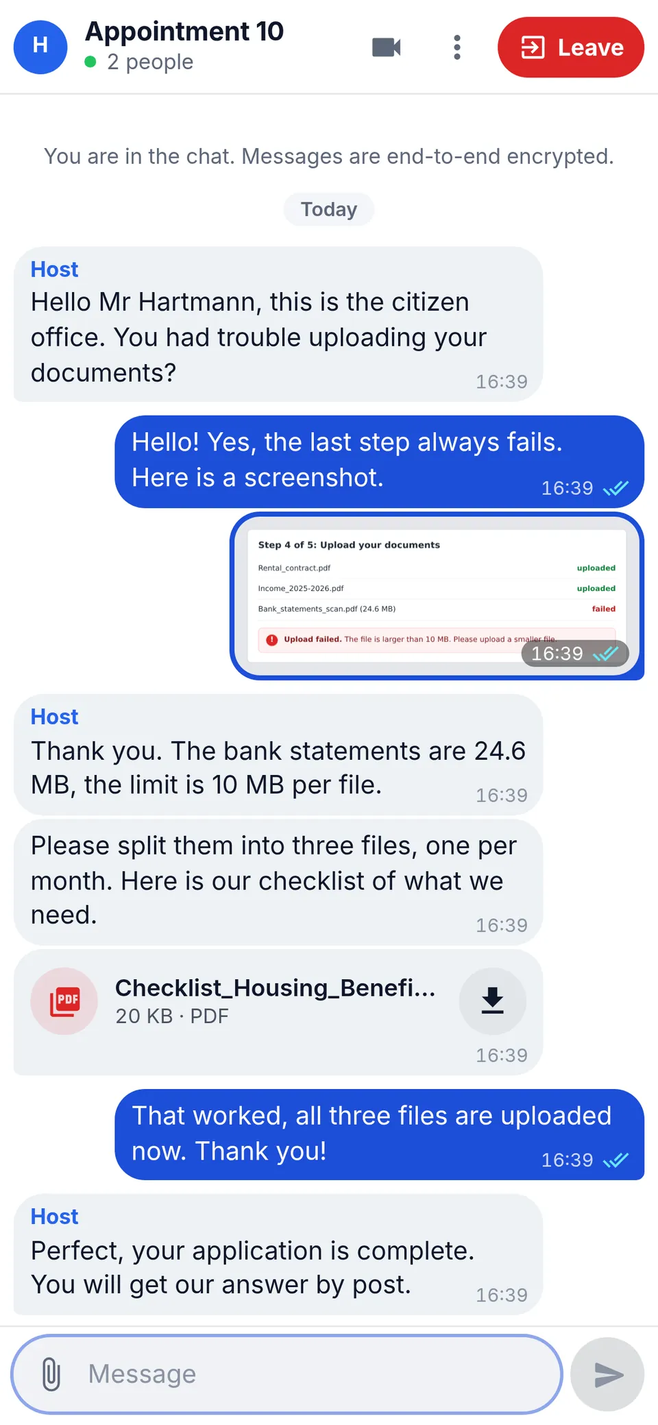 Live chat with a photo and a PDF