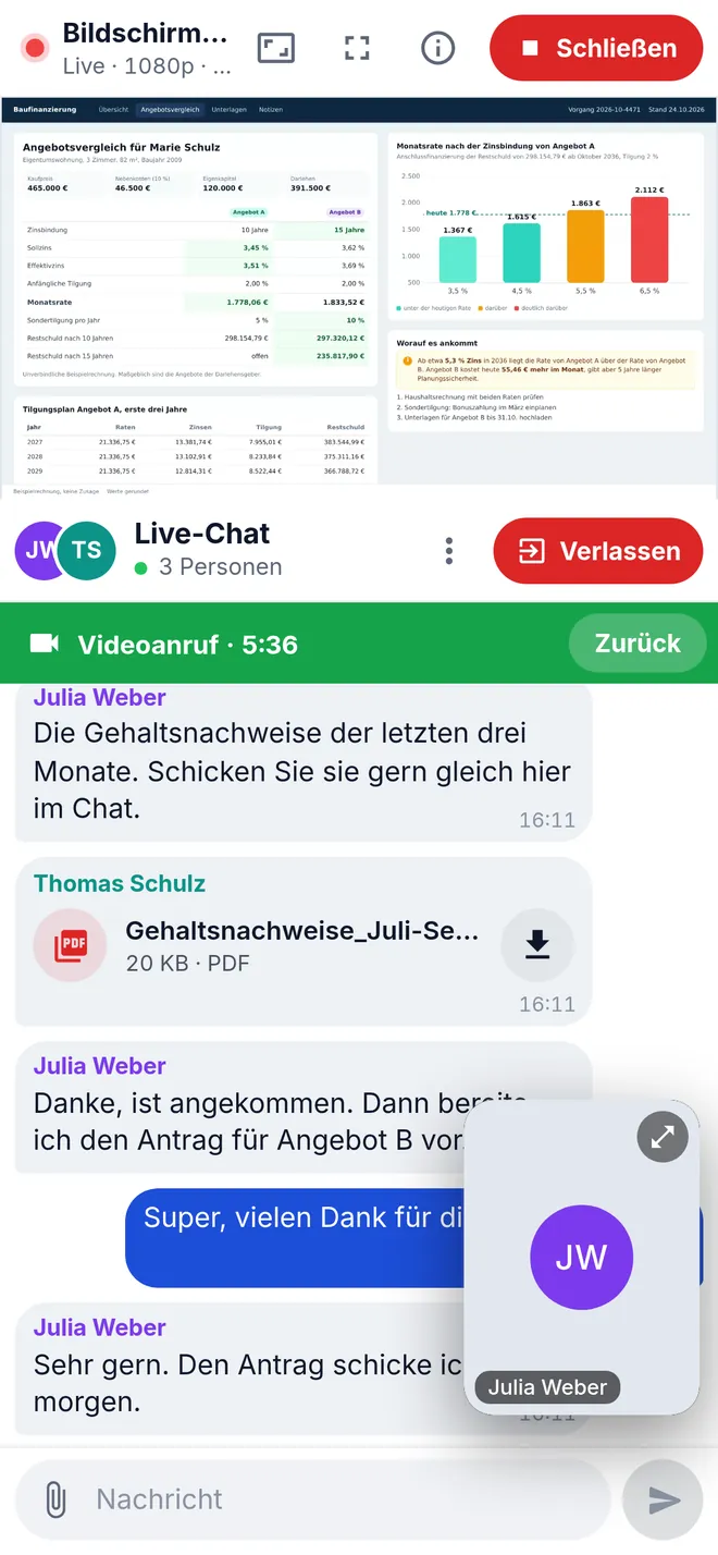 Chat, Videoanruf und Bildschirm
