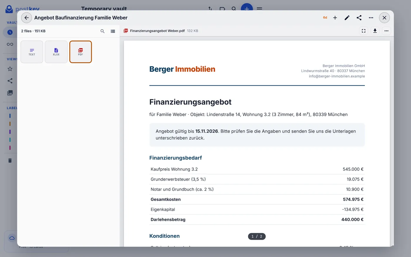 Finanzierungsangebot als PDF, auf dem Gerät angezeigt