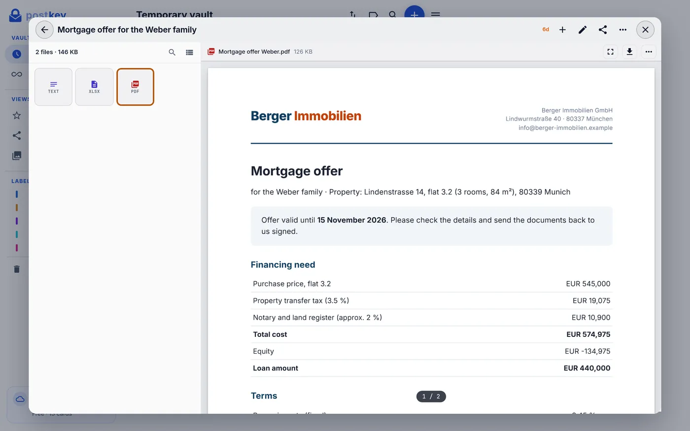 Financing offer as PDF, shown on the device