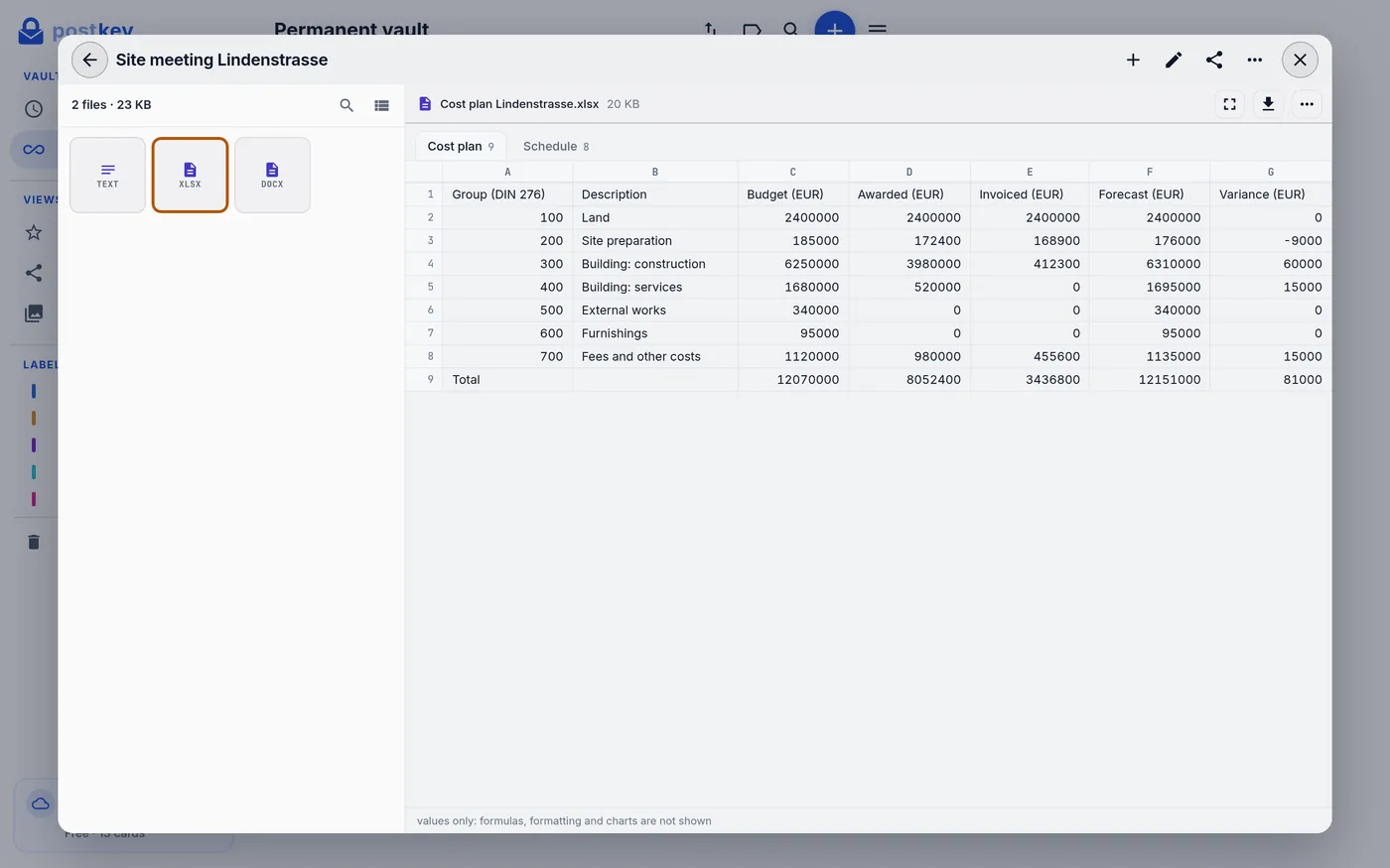 Cost plan as spreadsheet