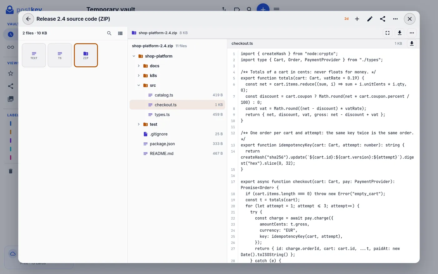 ZIP archive with file tree and code