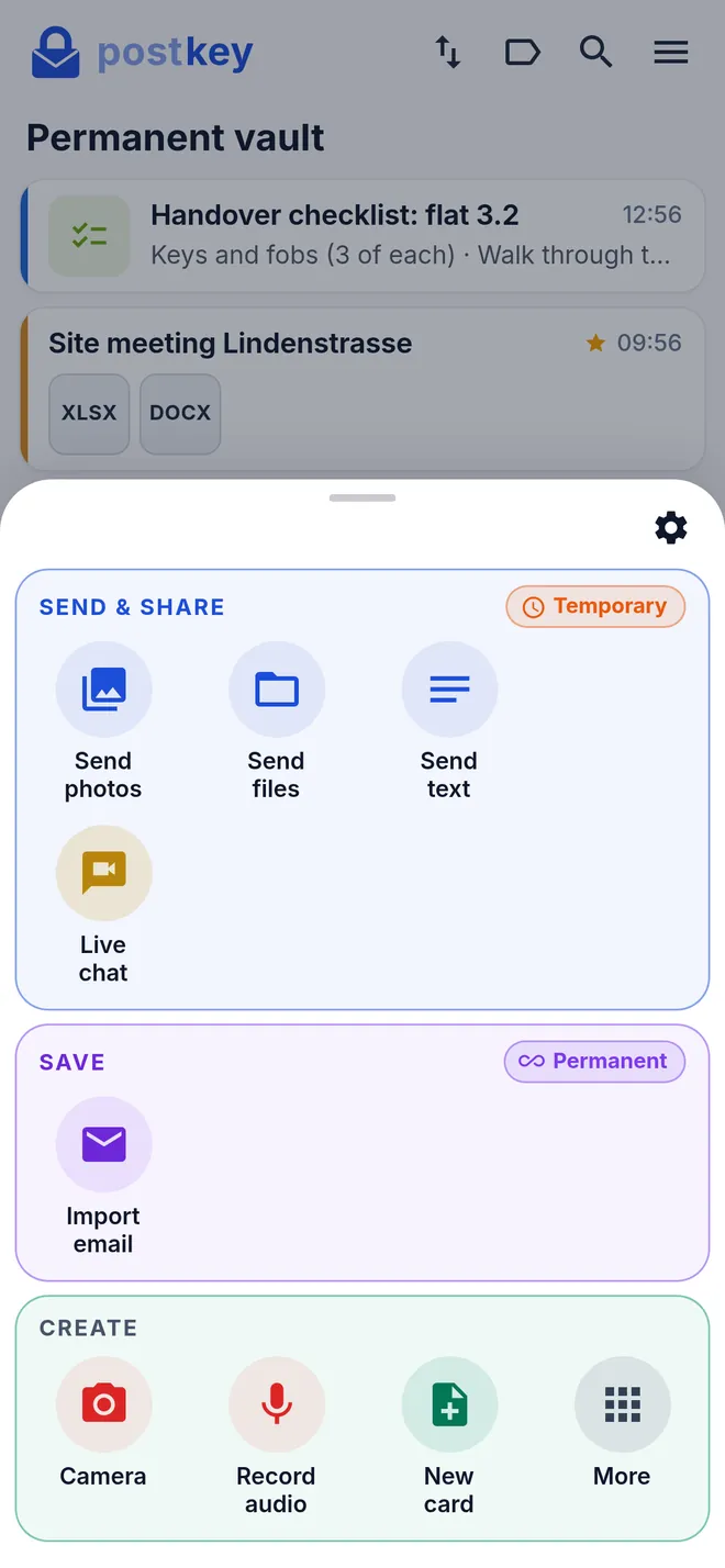 Send and share: photos, files, screen, live chat
