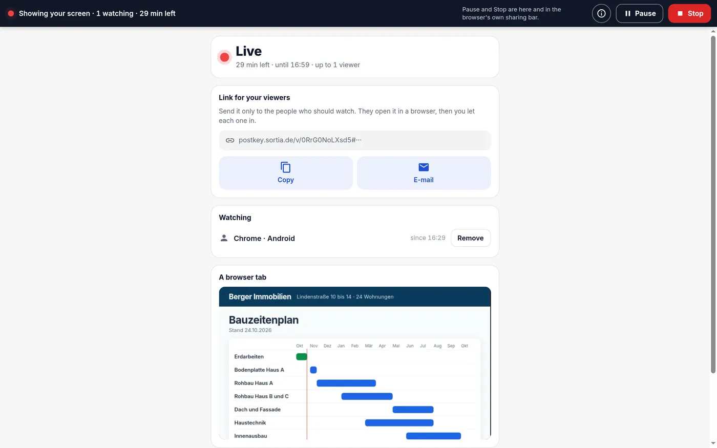 Bildschirm zeigen: Bauzeitenplan live