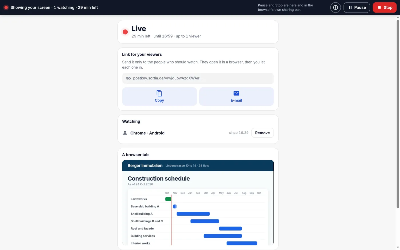 Show my screen: construction schedule live