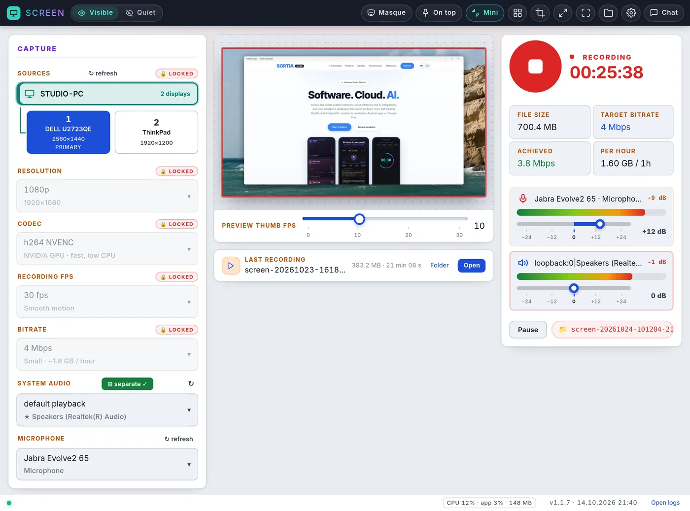 Recording with live preview and audio levels