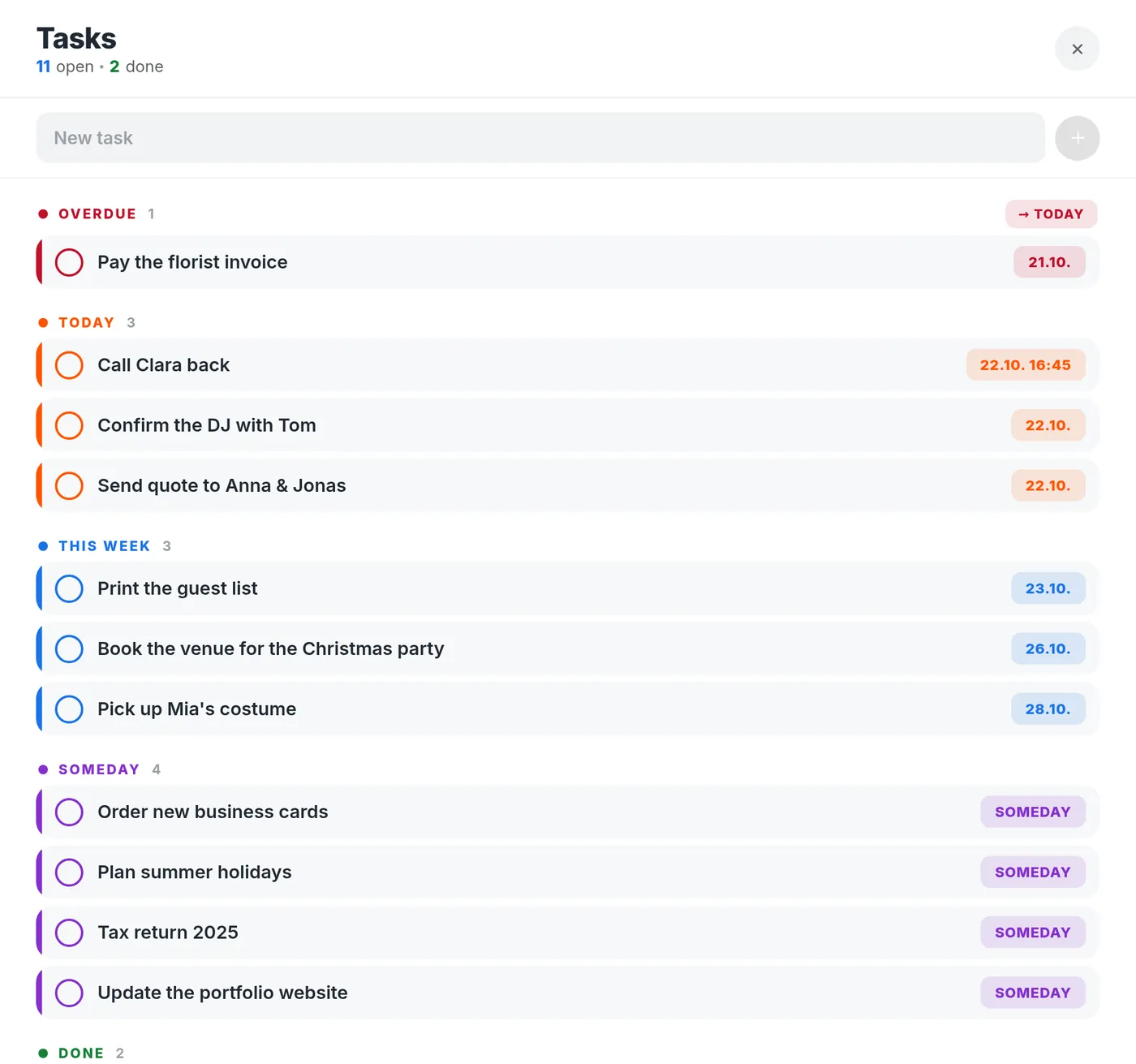Tasks: overdue, today, someday