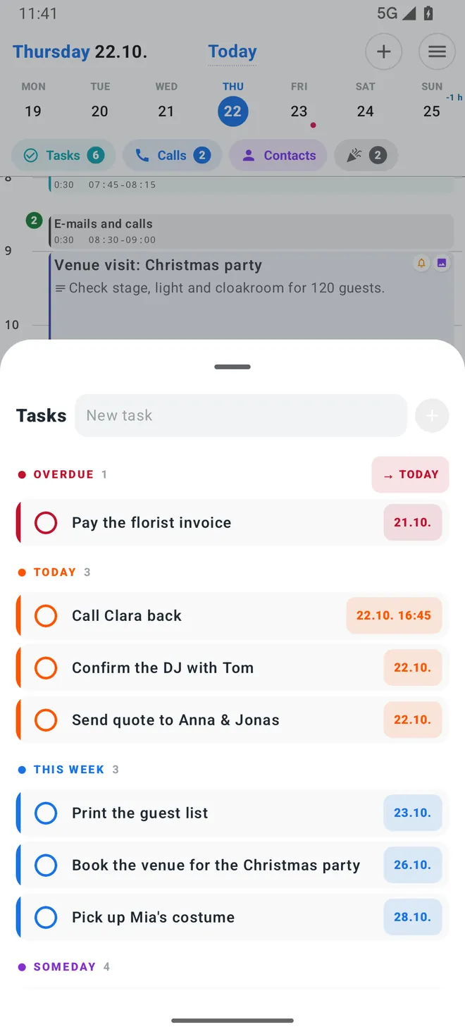 Tasks: overdue, today, someday